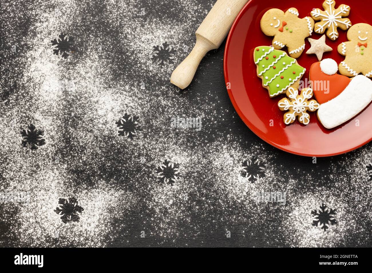flat lay christmas gingerbread cookies assortment with copy space (1). High quality and resolution beautiful photo concept Stock Photo