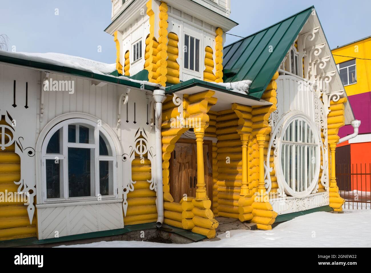 Facade of wooden Luzhin's house ("Teremok") with ornamental carved