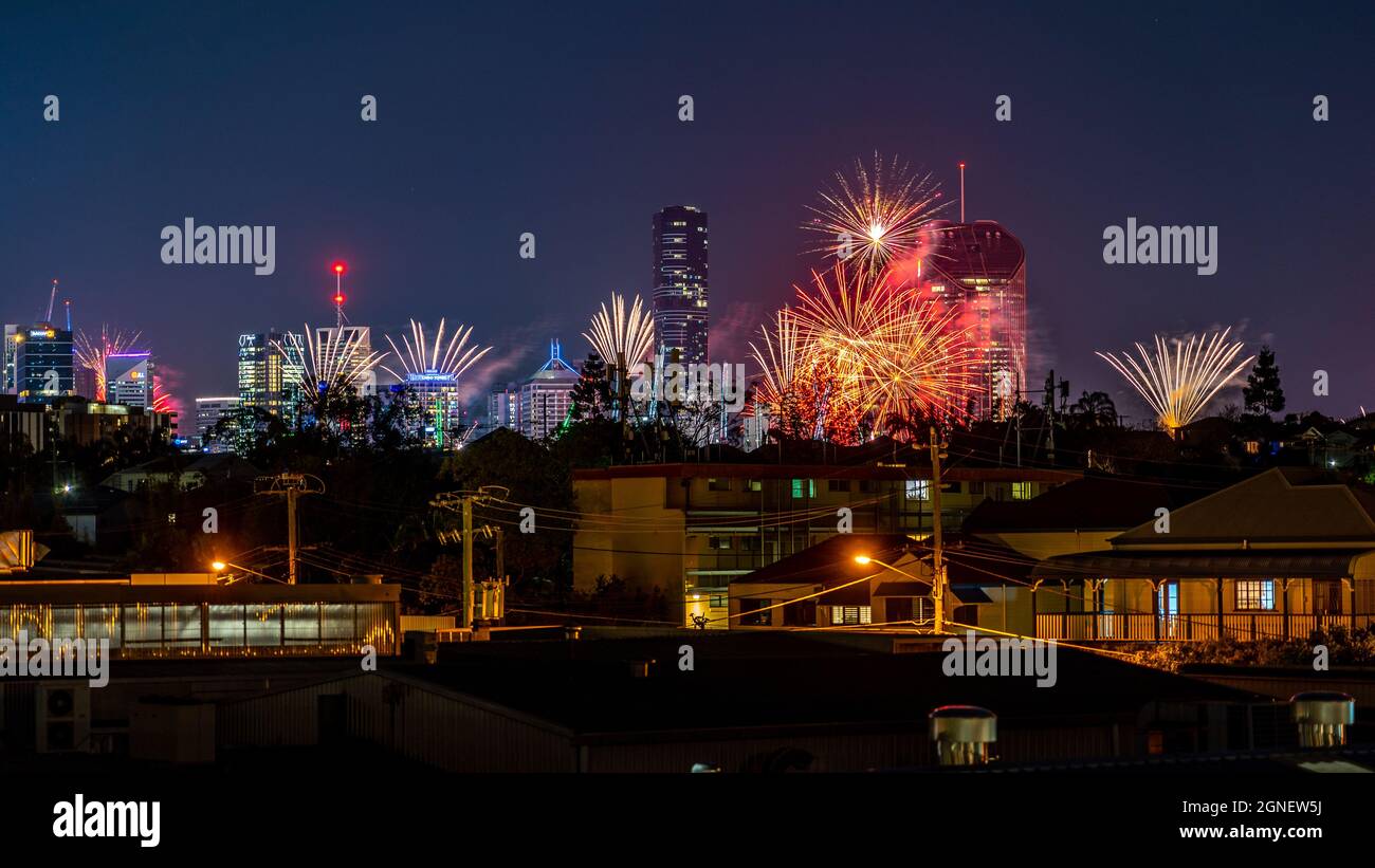 Brisbane, Queensland, Australia - Sep 25, 2021: Brisbane festival Sunsuper Riverfire fireworks Stock Photo