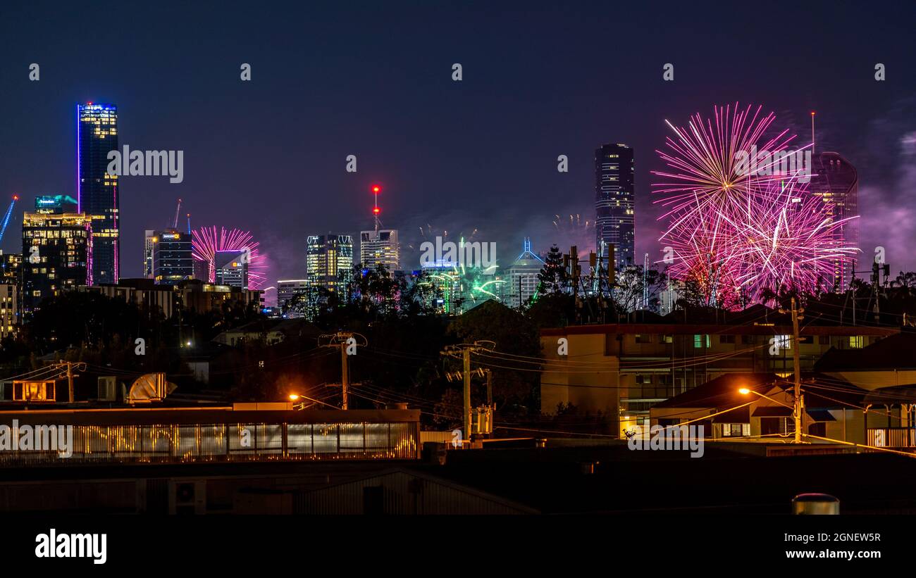 Brisbane, Queensland, Australia - Sep 25, 2021: Brisbane festival Sunsuper Riverfire fireworks Stock Photo