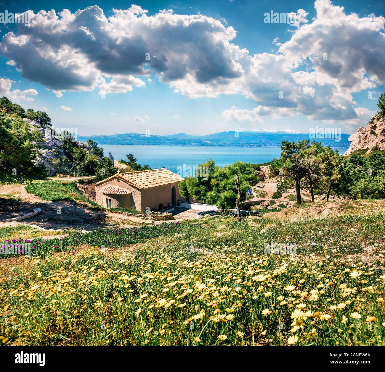 Sunny spring view of Agios Ioannis Church. Bright morning view of West  Court of Heraion of Perachora, Limni Vouliagmenis location, Greece, Europe.  Tra Stock Photo - Alamy