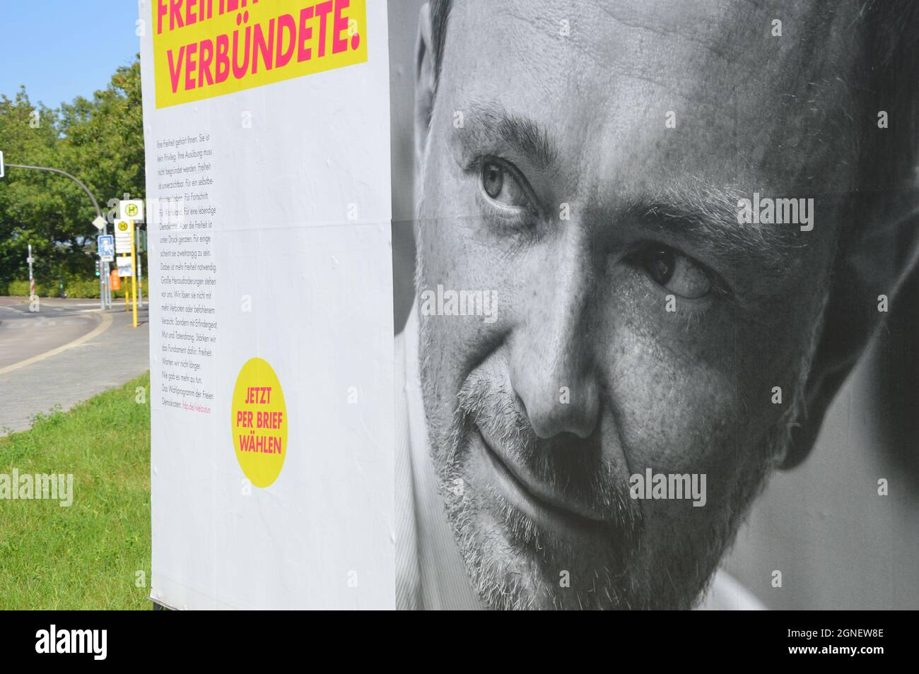 Campaign banner of Christian Lindner (Free Democratic Party) at Prellerweg in Schoeneberg, Berlin, Germany - September 8, 2021. Stock Photo