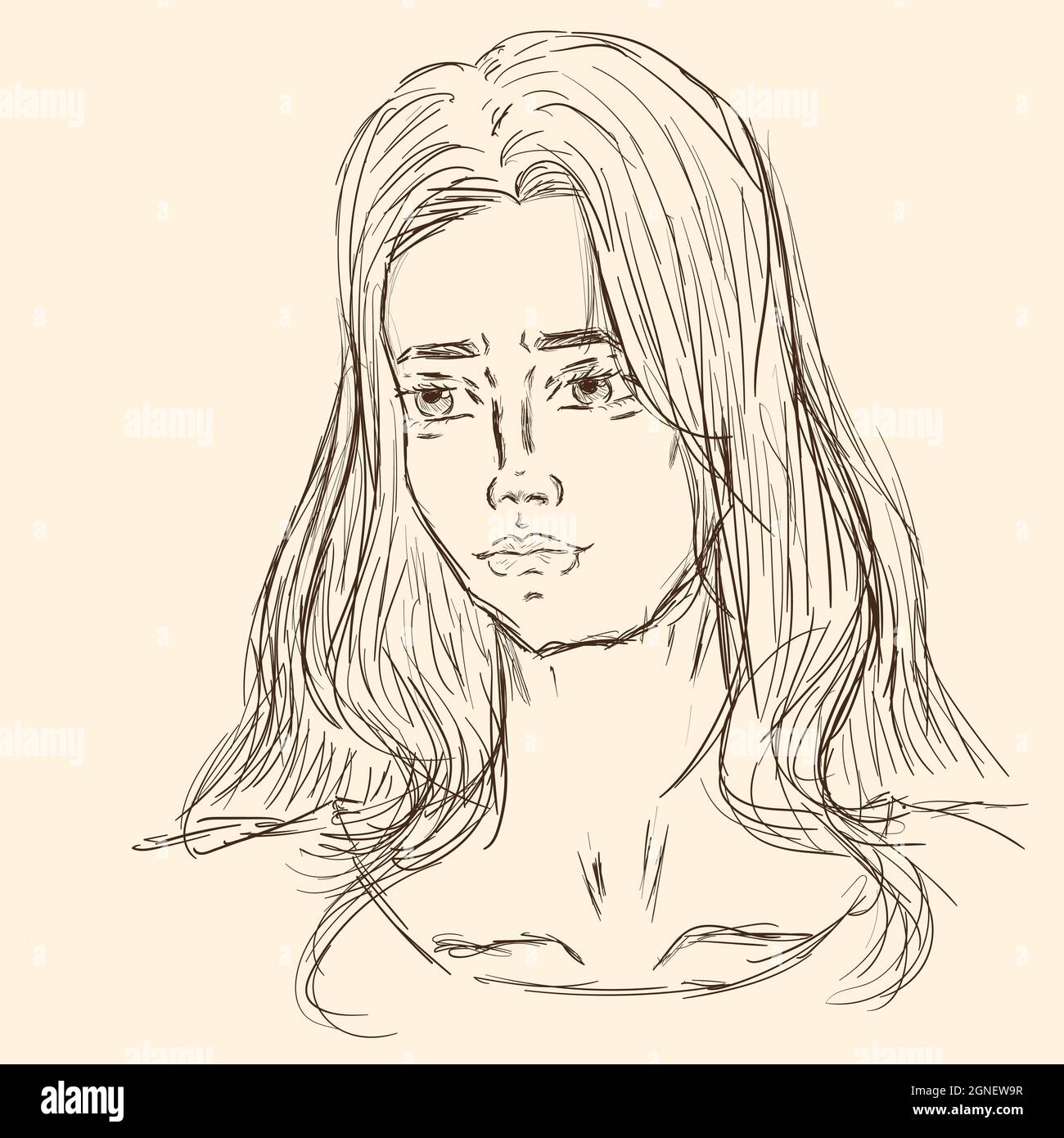 Drawing sketch sad girl with loose hair big eyes Stock Vector