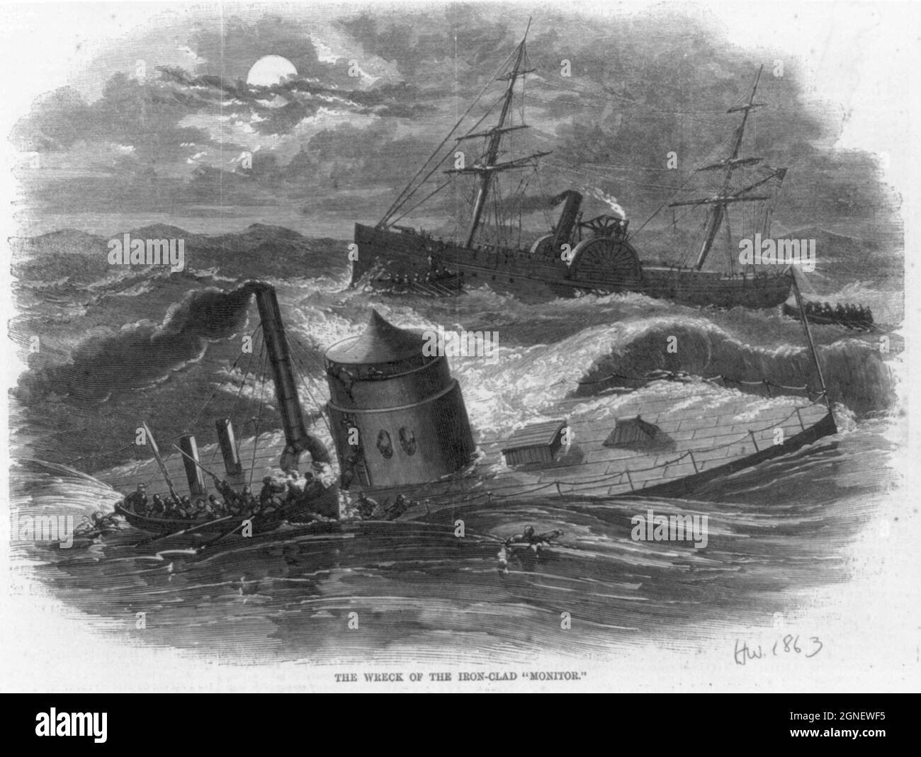 Vintage illustration circa 1863 of the sinking of the Union navy iron clad Monitor on the night  31 December 1862 during a storm off Cape Hatteras, North Carolina Stock Photo