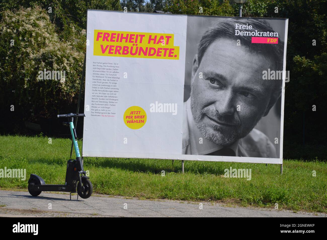 Campaign banner of Christian Lindner (Free Democratic Party) at Prellerweg in Schoeneberg, Berlin, Germany - September 8, 2021. Stock Photo
