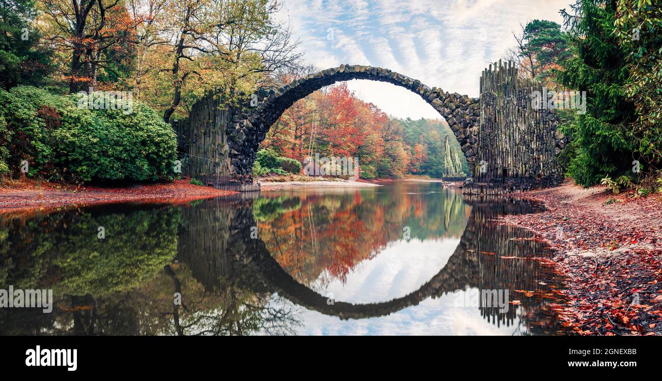 Gorgeous morning pznorama of Azalea and Rhododendron Park Kromlau, Germany,  Europe. Incredible autumn view of Rakotz Bridge (Rakotzbrucke, Devil's Bri  Stock Photo - Alamy