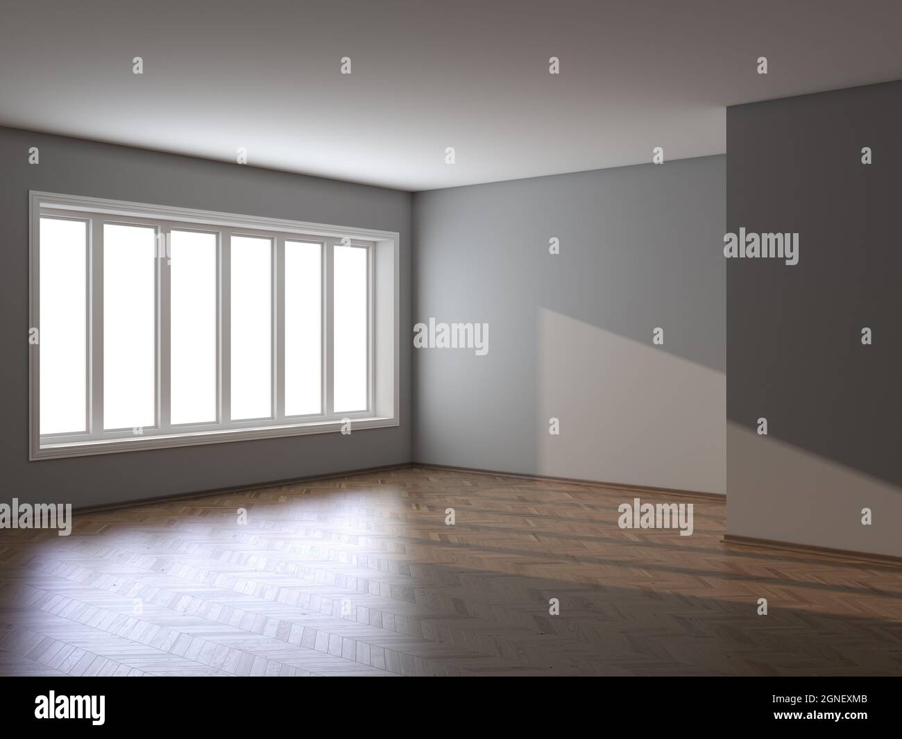 Empty Corner of the Room with Grey Walls, Large Window, Parquet and a Brown Plinth with Work Path on Window. 3D Rendering, 7680x5760, 300 dpi Stock Photo