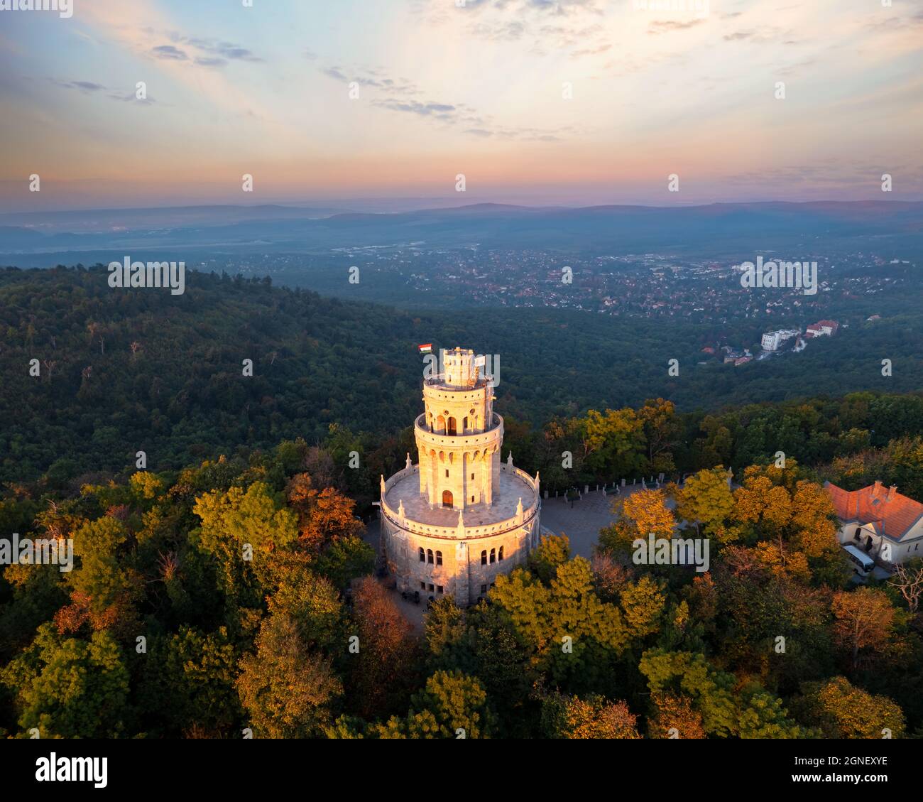 Erzsebet lookout tower in Budapest Normafa hill. Famous attraction in