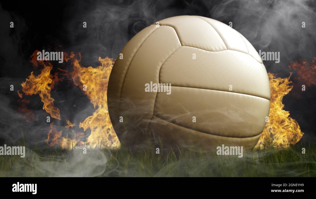 Advertising style 3d rendering of close up soccer ball on green pitch grass  field burning on fire with flames and smoke and no people in energy sport  Stock Photo - Alamy