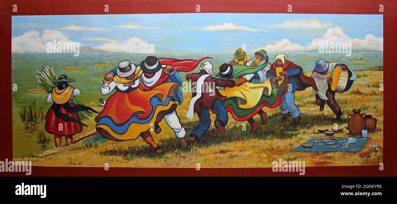 Artwork depicting Uros Indian Dancing On Uros Islands, Lake Titicaca Stock Photo
