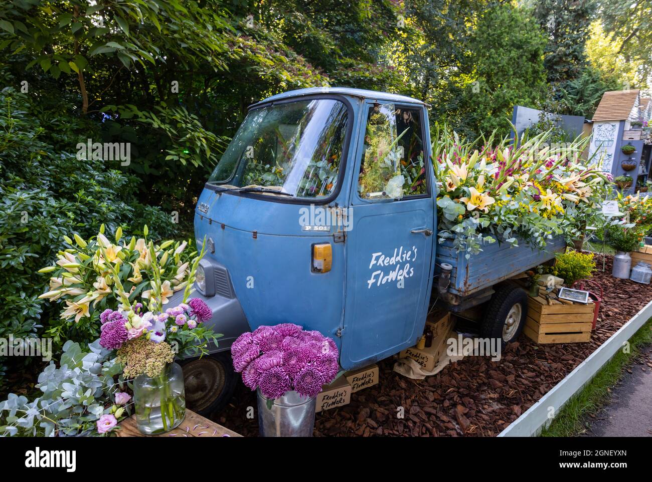 Freddie's Flowers exhibit and stand at RHS Chelsea Flower Show, held in the grounds of the Royal Hospital Chelsea, London SW3 in September 2021 Stock Photo