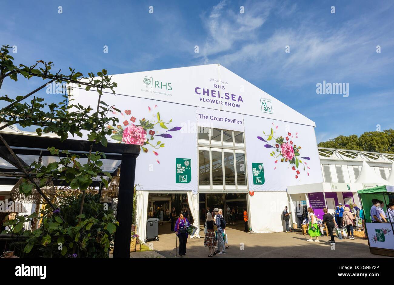 Entrance to The Great Pavilion at the RHS Chelsea Flower Show, held in the grounds of the Royal Hospital Chelsea, London SW3 in September 2021 Stock Photo