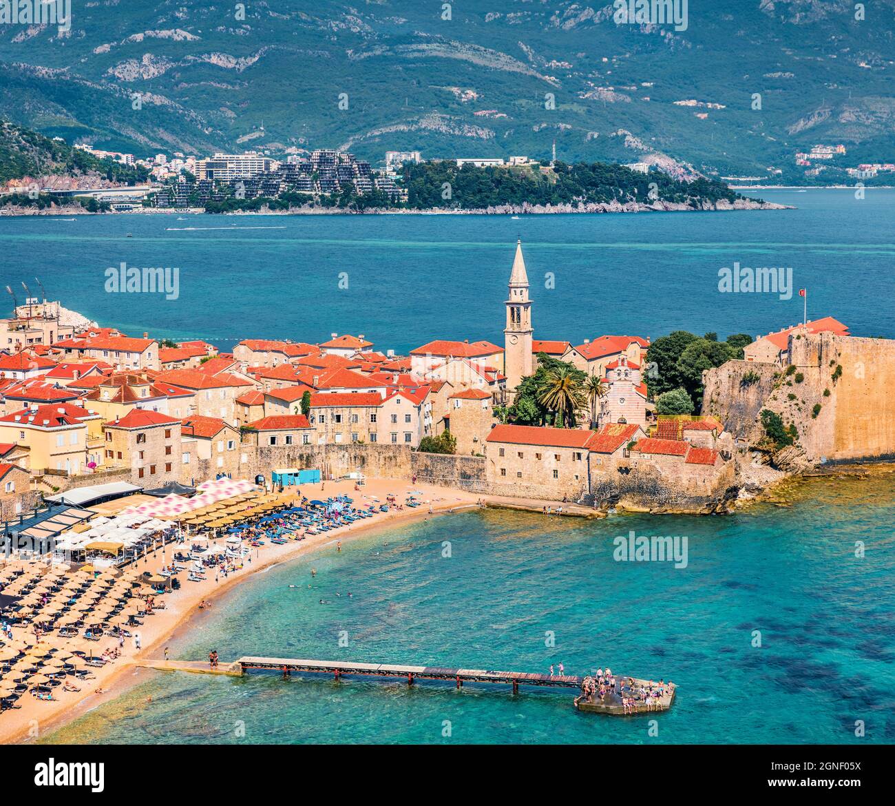 Aerial summer view of Old Town of medieval city - Budva. Colorful morning seascape of Adriatic sea, Montenegro, Europe. Beautiful world of Mediterrane Stock Photo