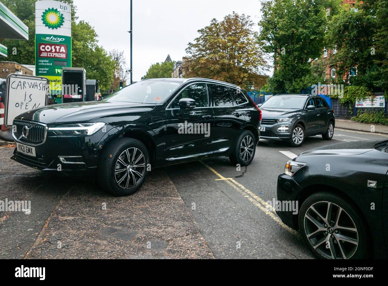 Large queues of car traffic outside BP petrol station Hampstead, London