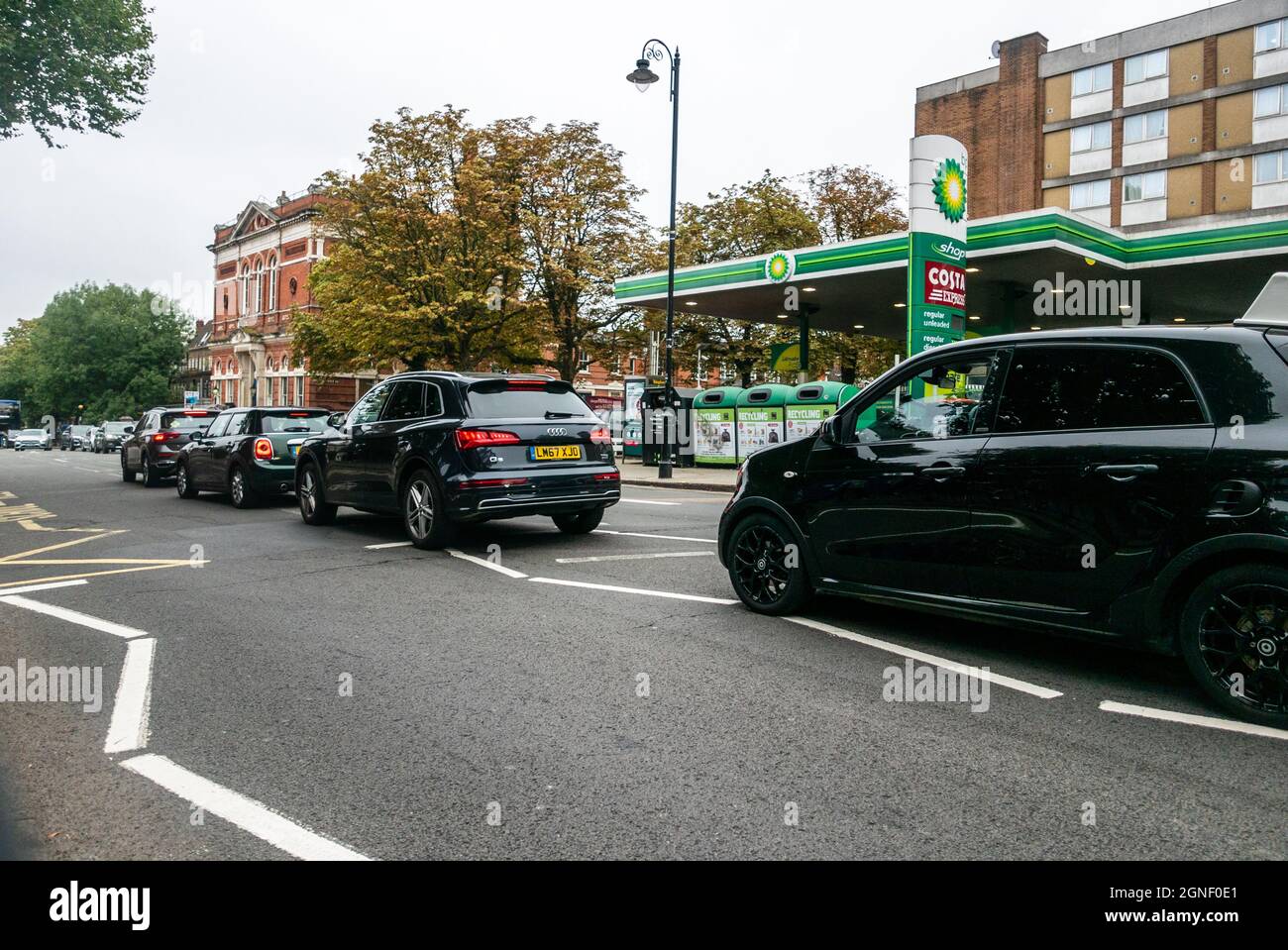 Large queues of car traffic outside BP petrol station Hampstead, London