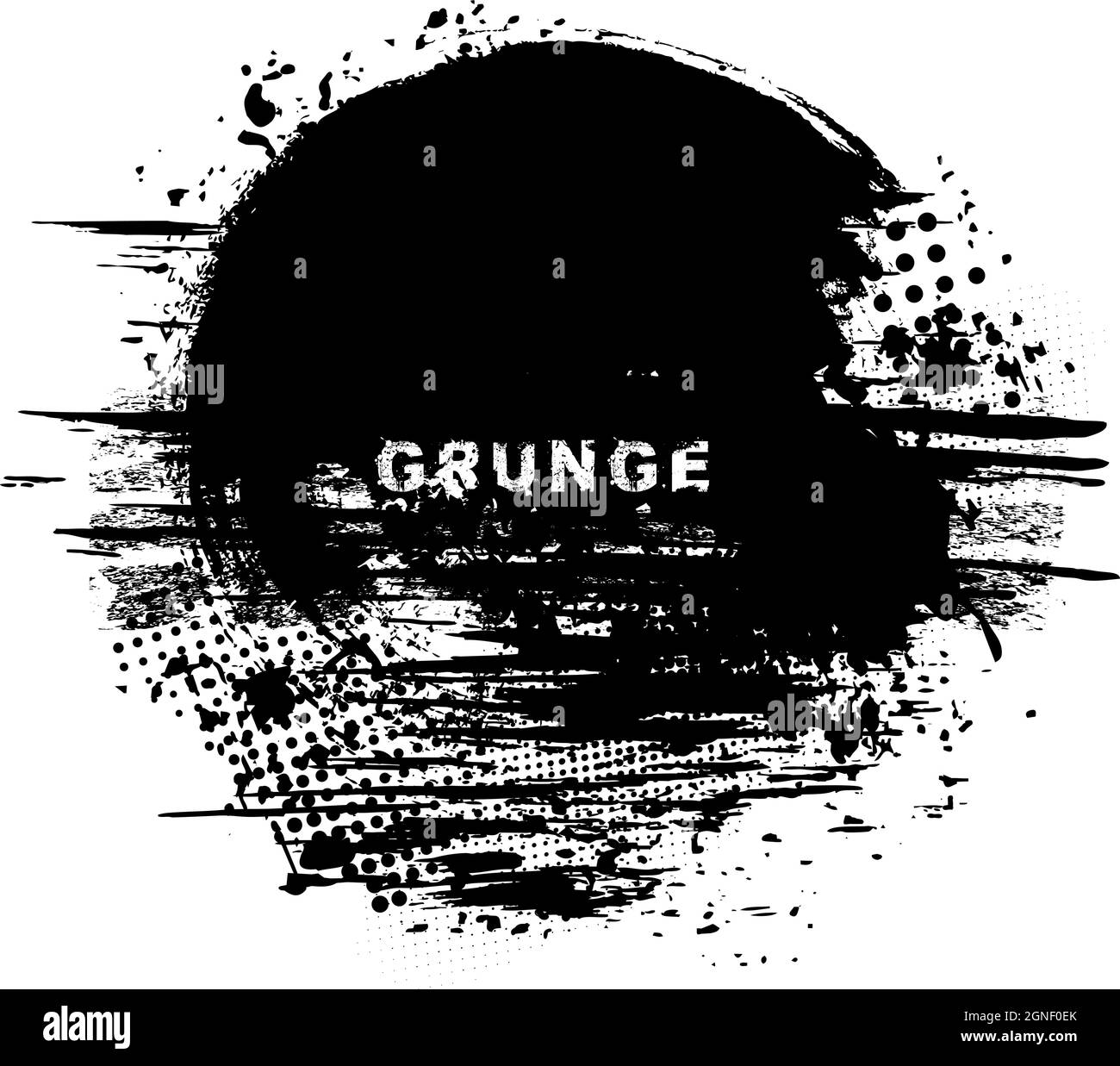 Splatter grunge background with halftone dots. Vector brush stroke. Dust overlay distress grain. Blank textured shape for banners, badges, emblems Stock Vector