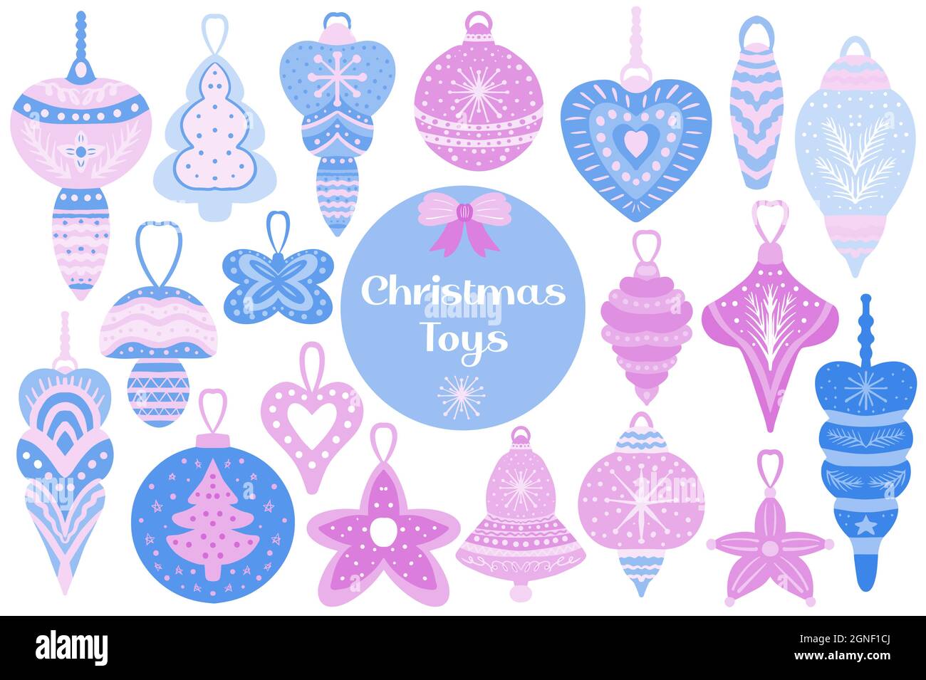 Christmas decorations christmas tree toys set elements. Holiday collection clip art hand drawing style. Vector clip art Stock Vector