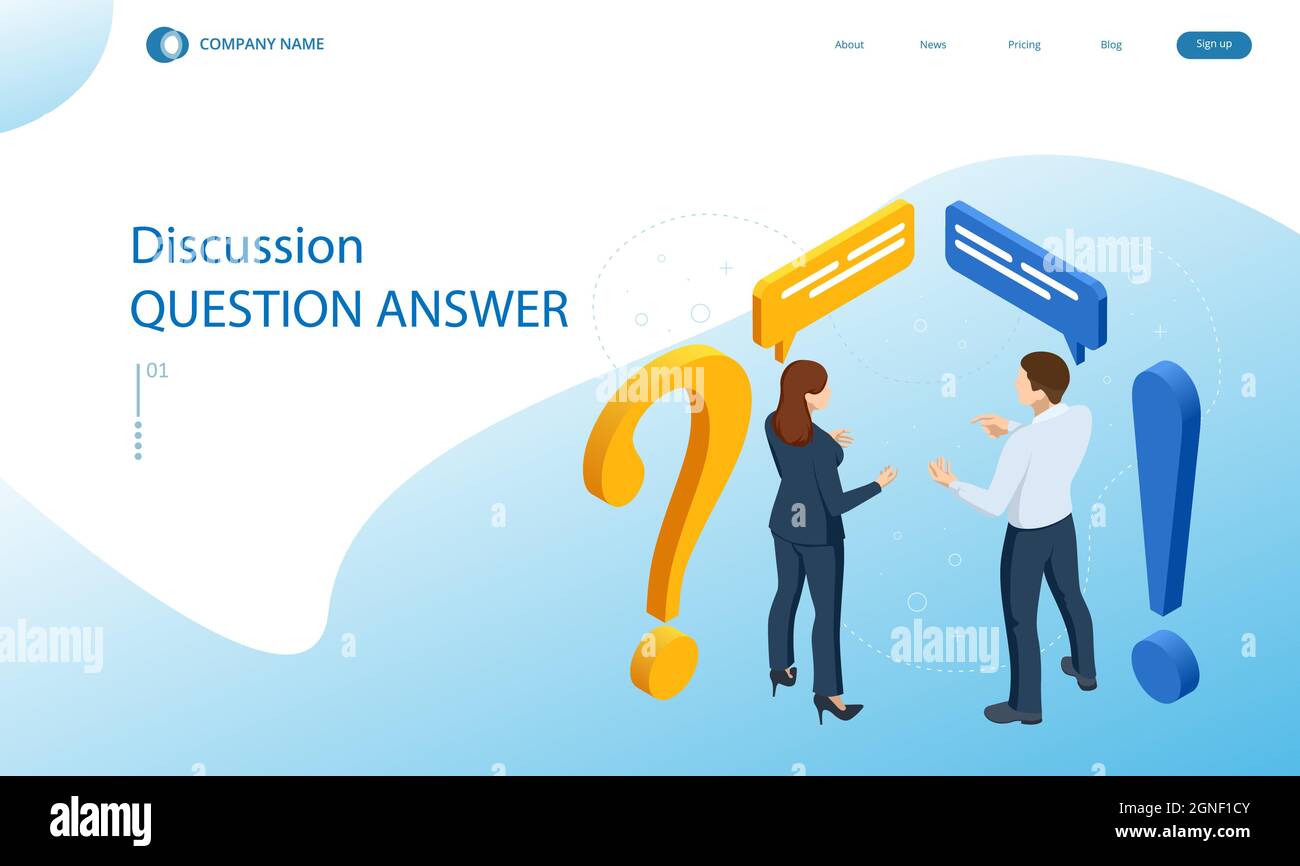 Isometric question and answer concept. Discussion man and women