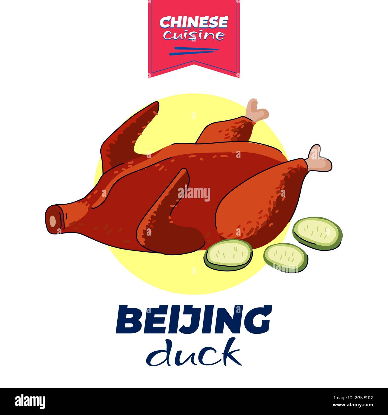 Chinese cuisine beijing duck banner concept. China national dish roasted peking spicy meat. Asian food vector eps drawing art illustration for oriental cafe or restaurant advertising Stock Vector