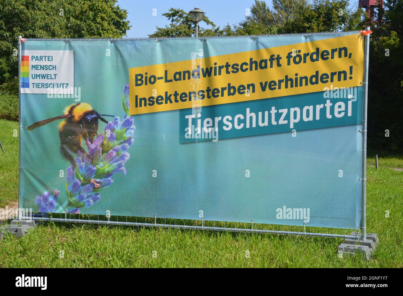 Campaign banner of The Human Environtment Animal Protection party at Prellerweg in Schoeneberg, Berlin, Germany - September 8, 2021. Stock Photo