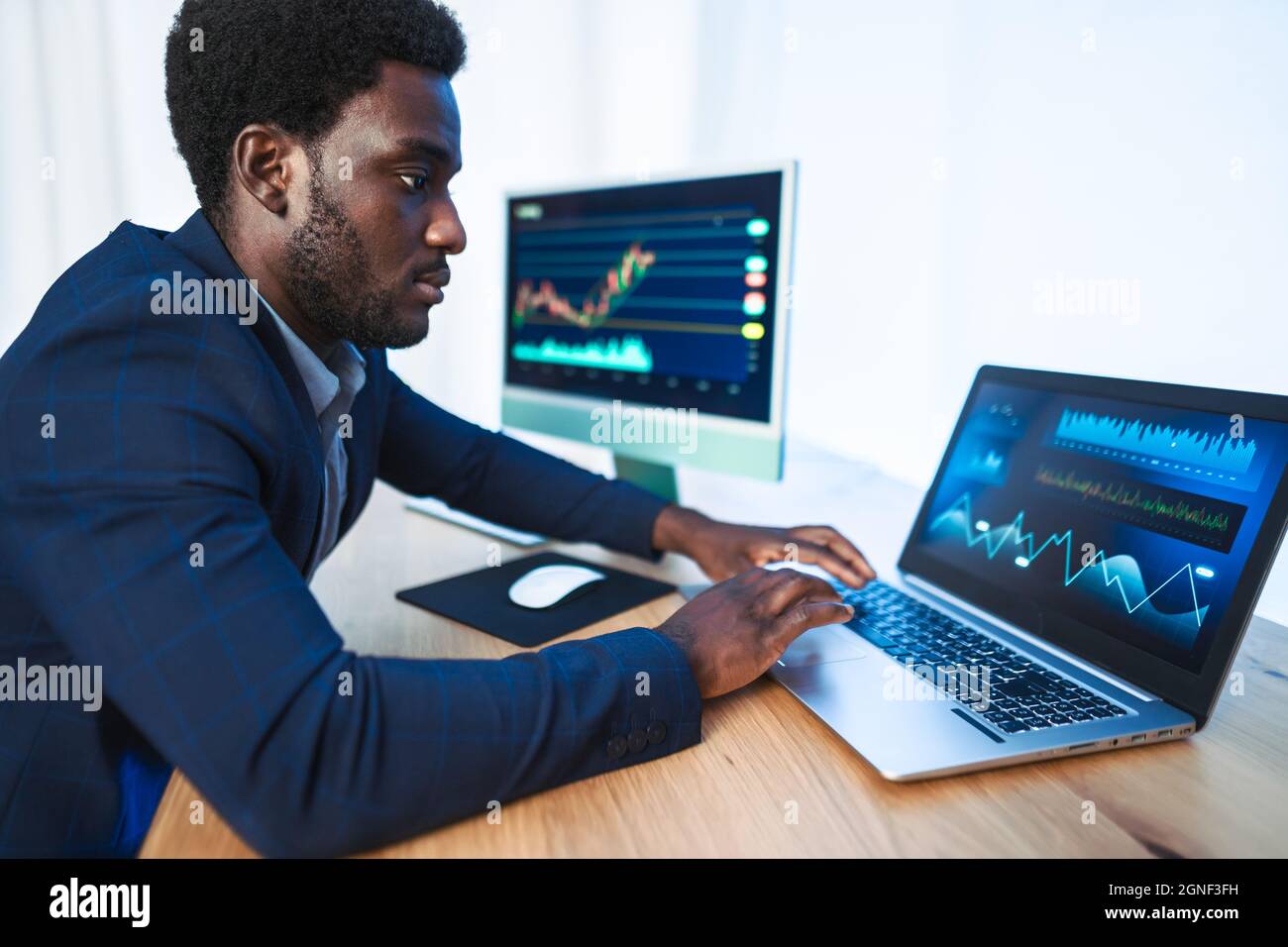 Business trader man working on crypto currency markets with blockchain technology - Decentralized finance and stock exchange concept Stock Photo