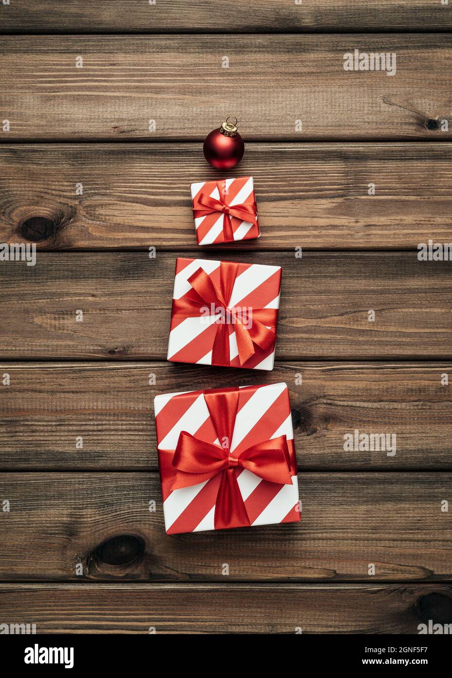 Vintage Christmas card with gift boxes. Flat lay, top view and copy space for text Stock Photo