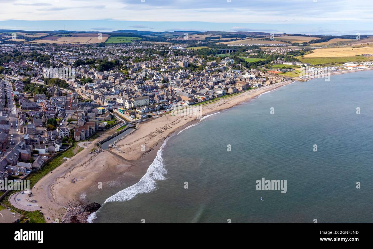 Aerial View From Drone Of Seafront Beach At Stonehaven In Aberdeenshire Aerial View From Drone Of Seafront Beach At Stonehaven In Aberdeenshire
