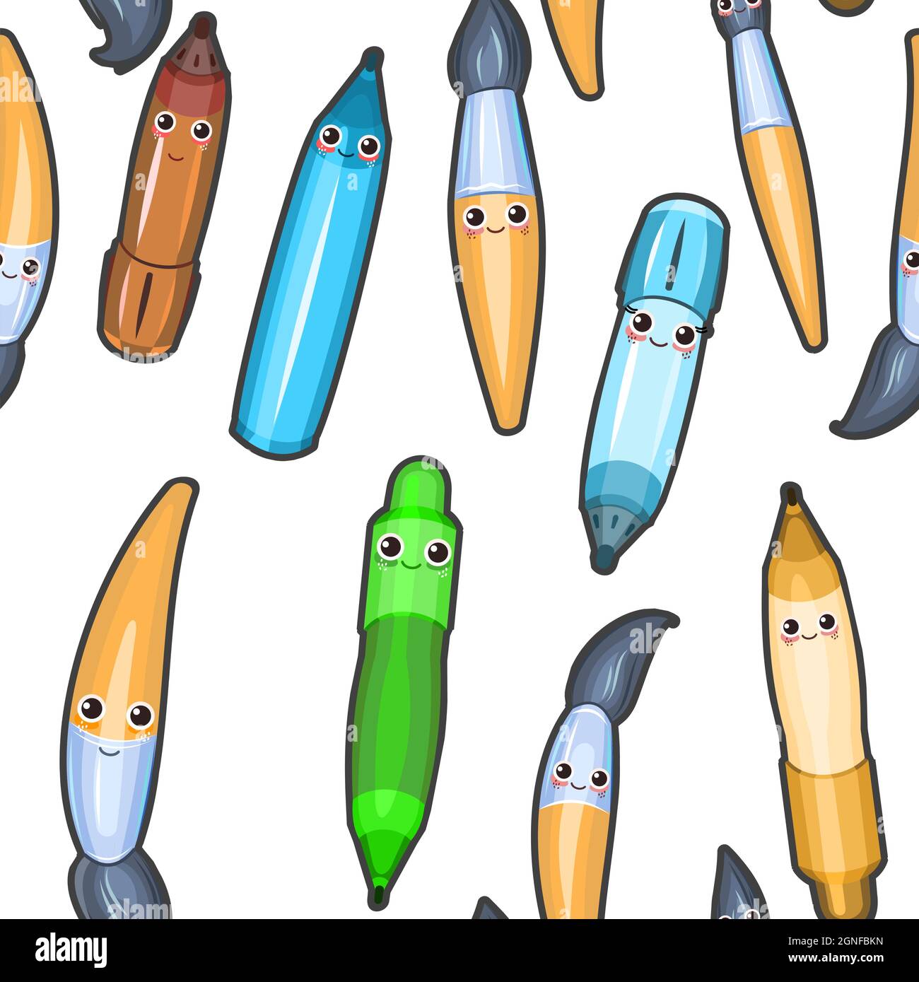 Ballpoint and gel pens. Cheerful characters with a face. Seamless pattern. Background illustration in cartoon style with paint brushes. Isolated on Stock Vector