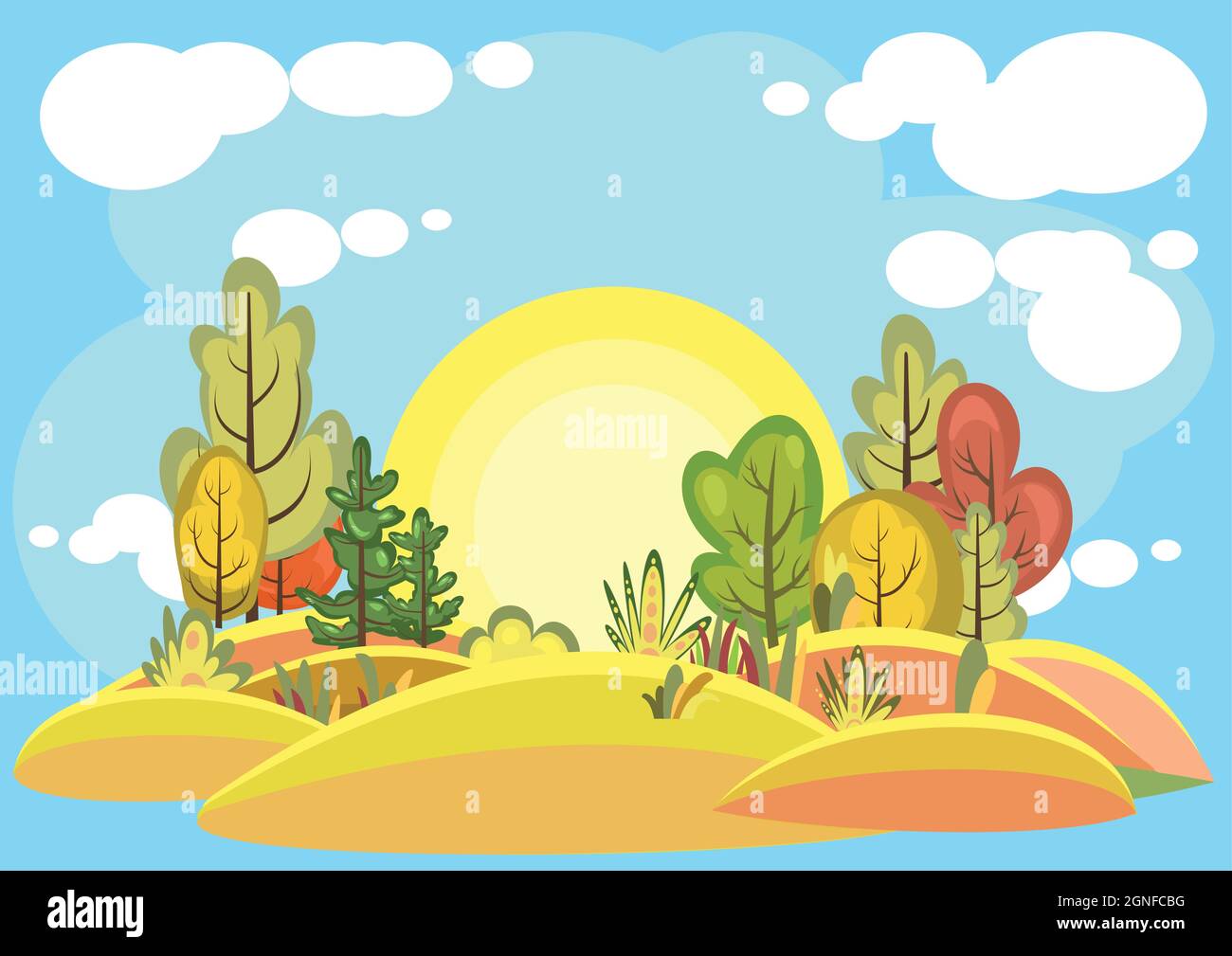 Flat autumn forest. Beautiful landscape with trees. Sky. Illustration in a  simple symbolic style. A funny scene. Comic cartoon design. Country wild  Stock Vector Image & Art - Alamy