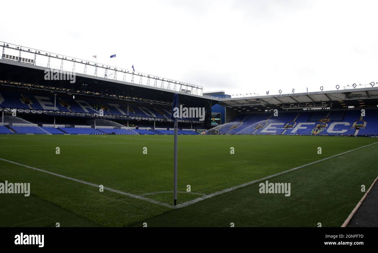 Goodison Park, Liverpool, UK. 25th Sep, 2021. Premier League football, Everton versus Norwich; a view of the Goodison Park stadium from the Glwlady Street end Credit: Action Plus Sports/Alamy Live News Stock Photo