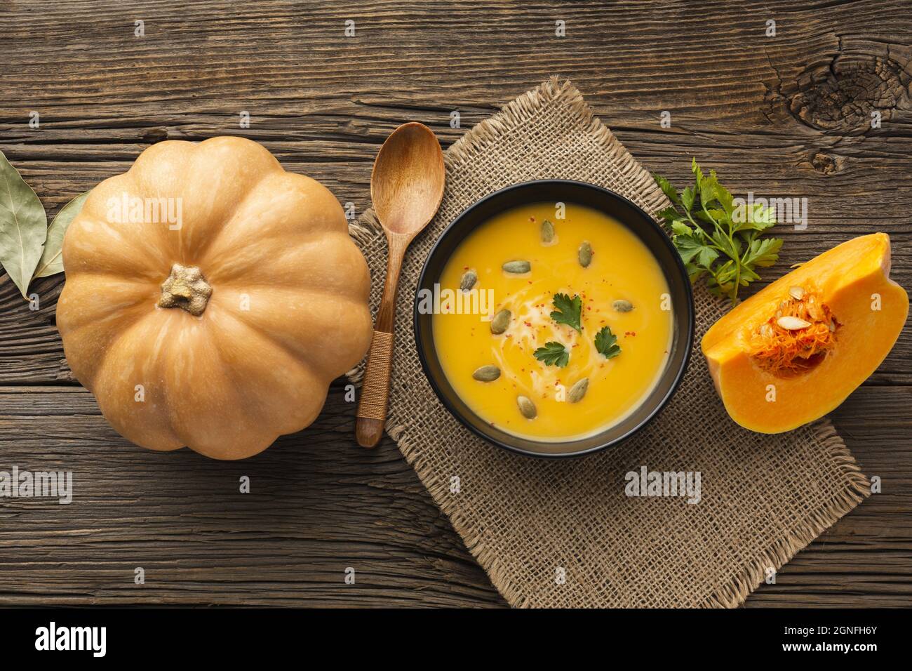 flat lay pumpkin soup bowl with pumpkin. High quality and resolution