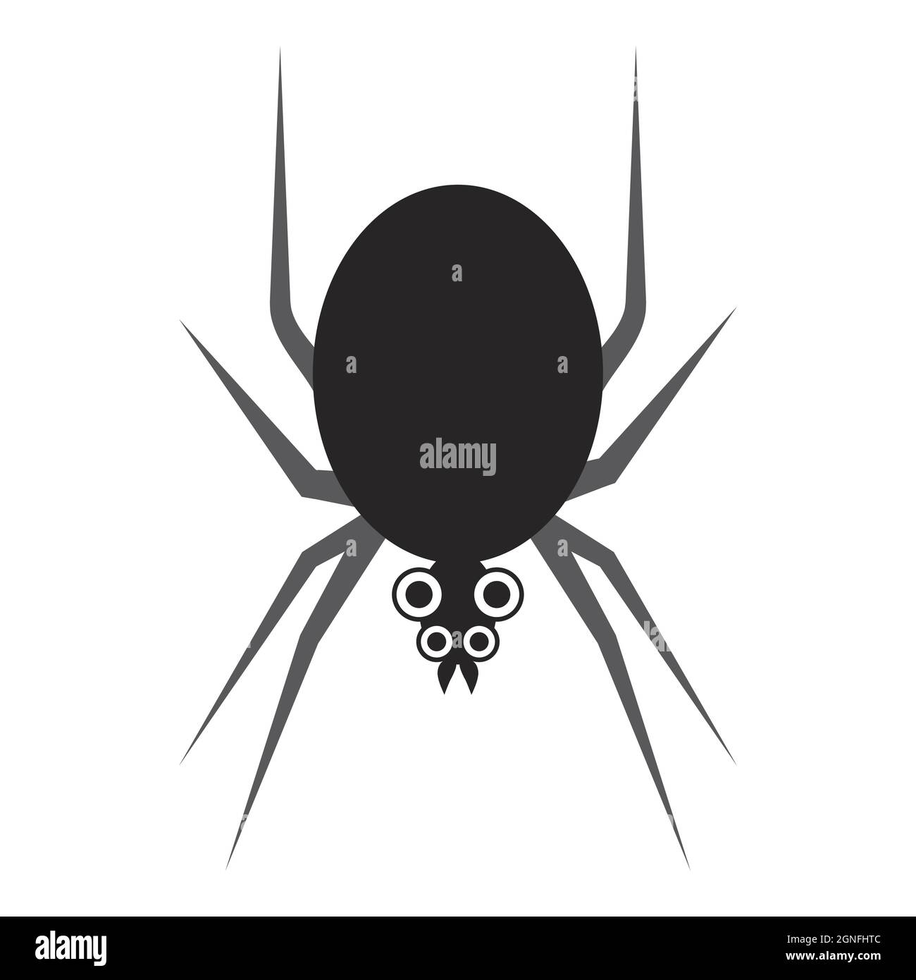 Black spider silhouette with long slender legs. Spider close-up. Horrible arthropod with many eyes and terrible jaws. Poisonous arachnid creature. Hal Stock Vector
