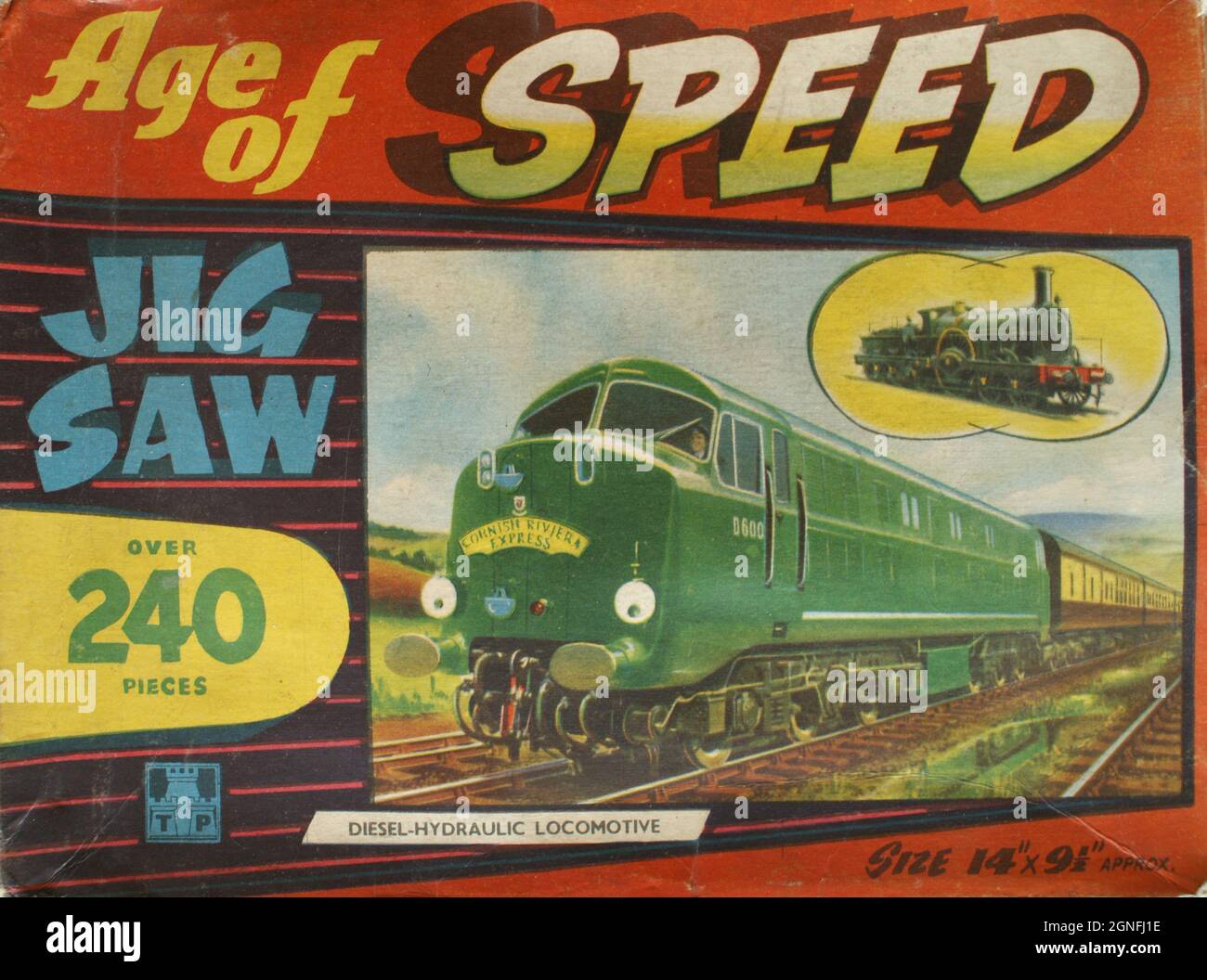 This vintage jigsaw plays on the fascination with advancing technology in Britain in the 1950s and 1960s. It depicts a new Diesel Hydraulic Locomotive pulling the famous Cornish Riviera Express service which still runs from London to Cornwall.  It moved over to diesel in 1958 and the jigsaw was probably based on a photo of D600's first press run that year.  The illustrator isn't known. As with most painted jigsaws of this period the aim of the packaging was just to be as gaudy and eye-catching as possible, with all the lettering and layout done by hand, giving it an instant retro look. Stock Photo