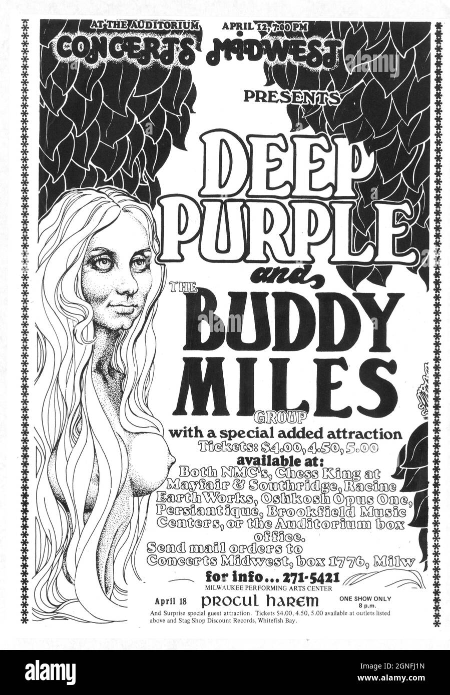 Deep Purple and Buddy Miles, Milwaukee Arts Centre, April 12. 1972 newspaper advert. Stock Photo