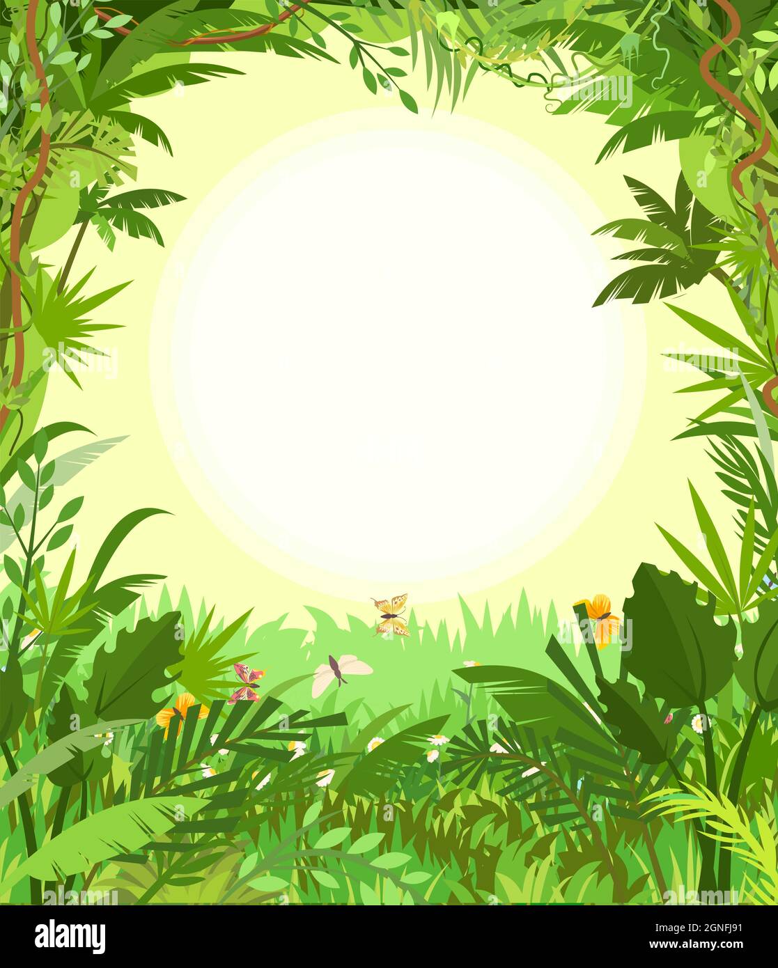 Jungle background. Plants rainforest. Sun in the morning sky. Meadow with butterflies. Beautiful green landscape with exotic trees and palms. Cute Stock Vector