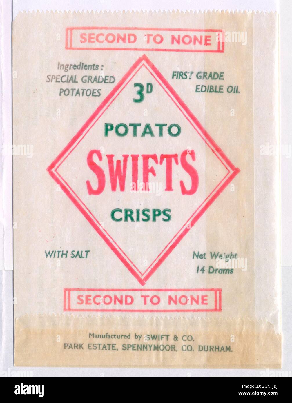 Old vintage potato crisp packet. Swift's potato crisps. 1950s. Spennymoor, County DurhamVintage