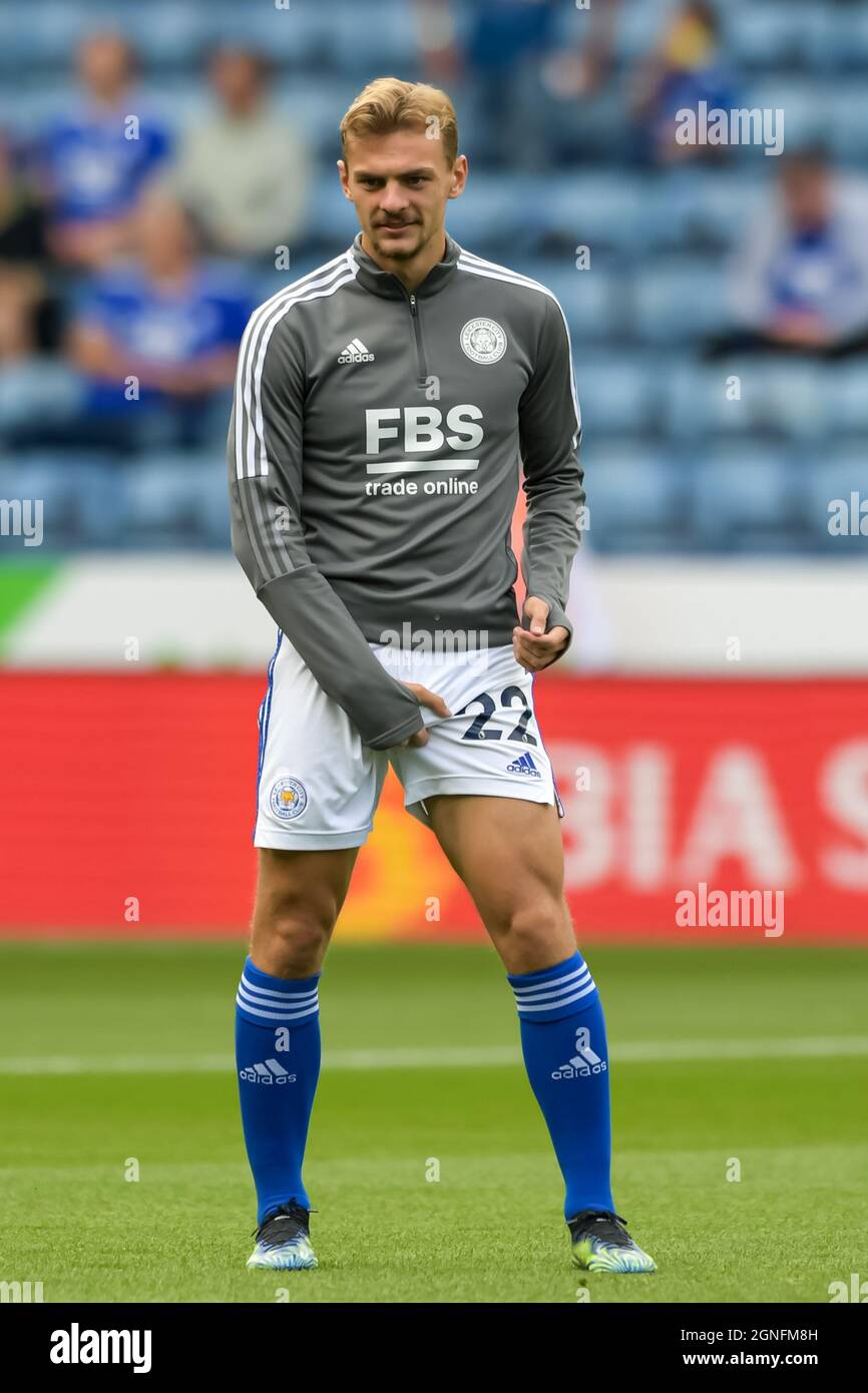 Kiernan Dewsbury-Hall #22 of Leicester City warming up before the