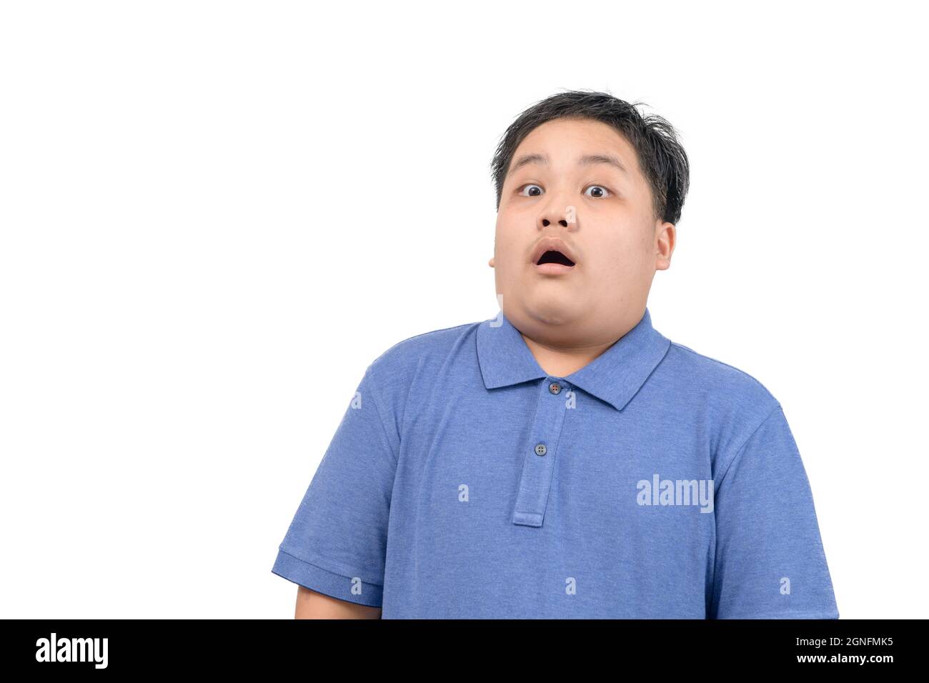 Obese fat asian boy portrait with funny shocked face expression isolated on  white background, surprised concept Stock Photo - Alamy