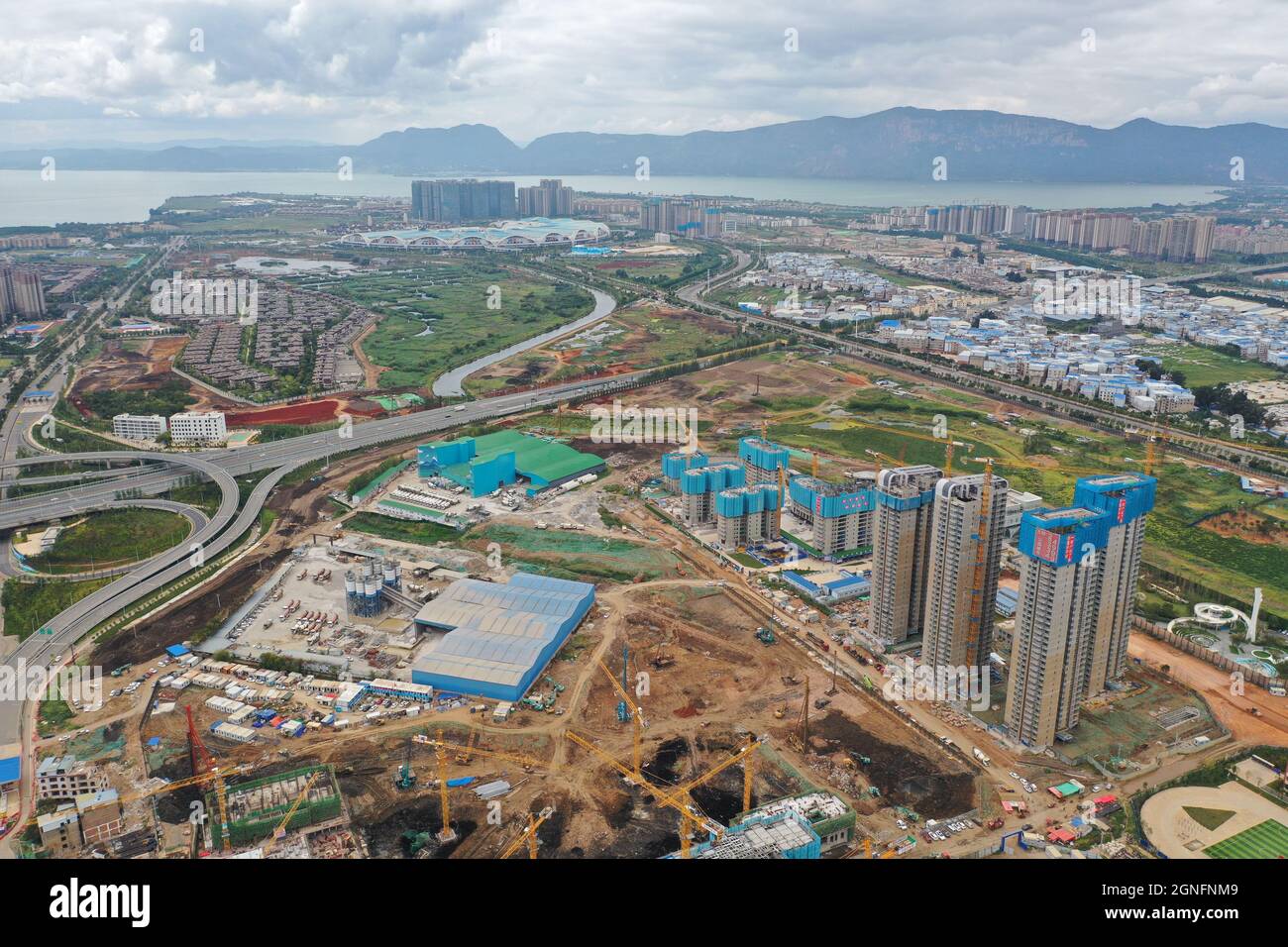 Aerial view of residential properties under construction in China Stock ...