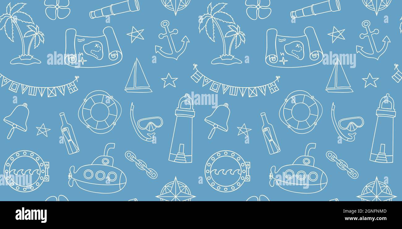 Nautical style seamless wallpaper with hand drawn elements in line art