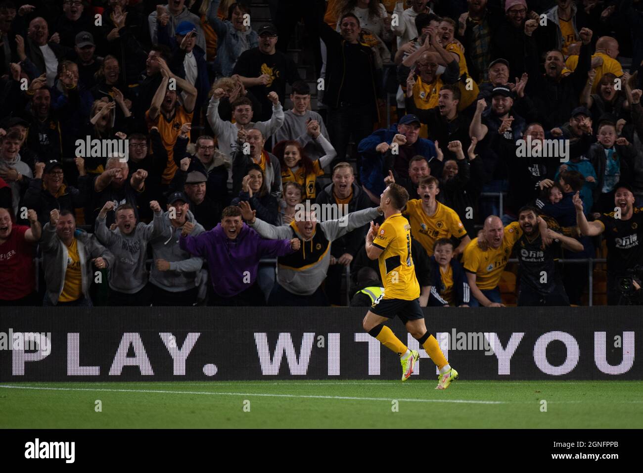 Daniel Podence of Wolverhampton Wanderers celebrate after scoring goal during the Carabao Cup Third Round match between Wolverhampton Wanderers and To Stock Photo
