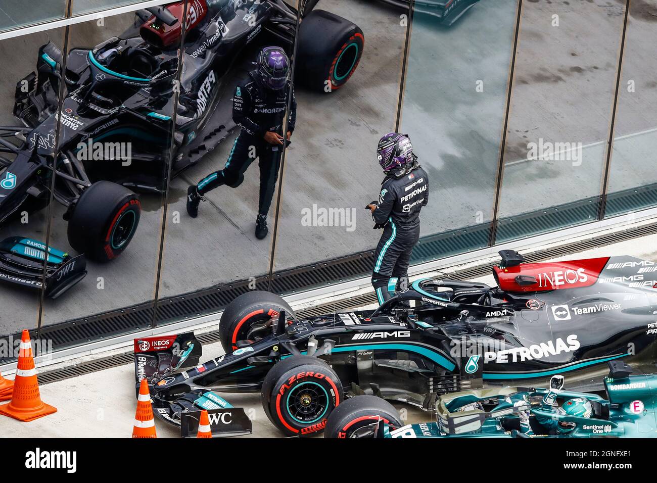Lewis Hamilton in the pits, Mercedes AMG F1, Russian GP 2019 print by  Motorsport Images