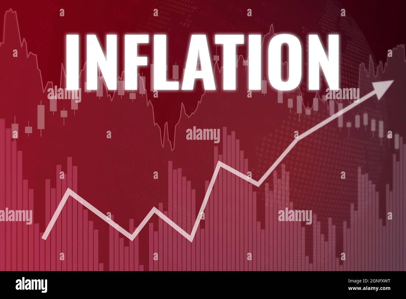 Inflation chart on red finance background from graphs, charts, columns, pillars, arrow, candles, bars. Trend Up and Down. 3D render. Financial market Stock Photo