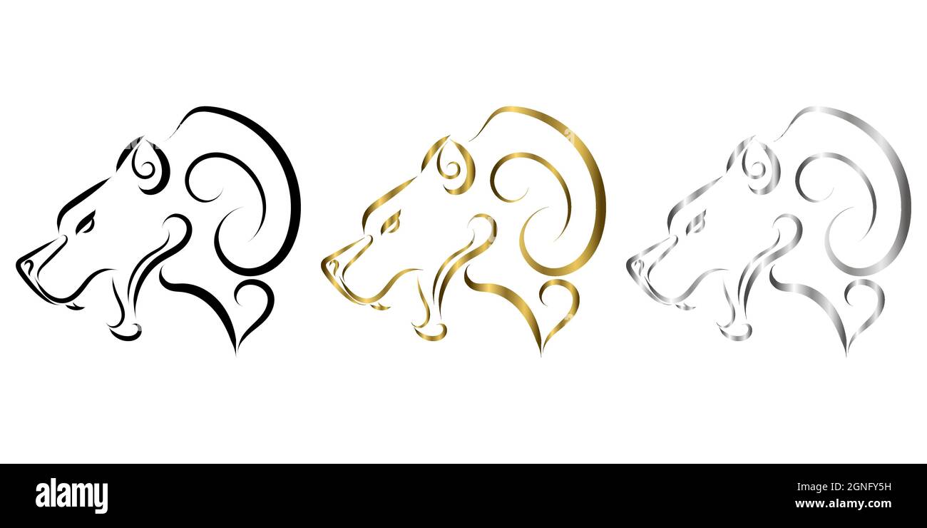 three color black gold and silver line art of bear head. Good use for symbol, mascot, icon, avatar, tattoo, T Shirt design, logo or any design. Stock Vector