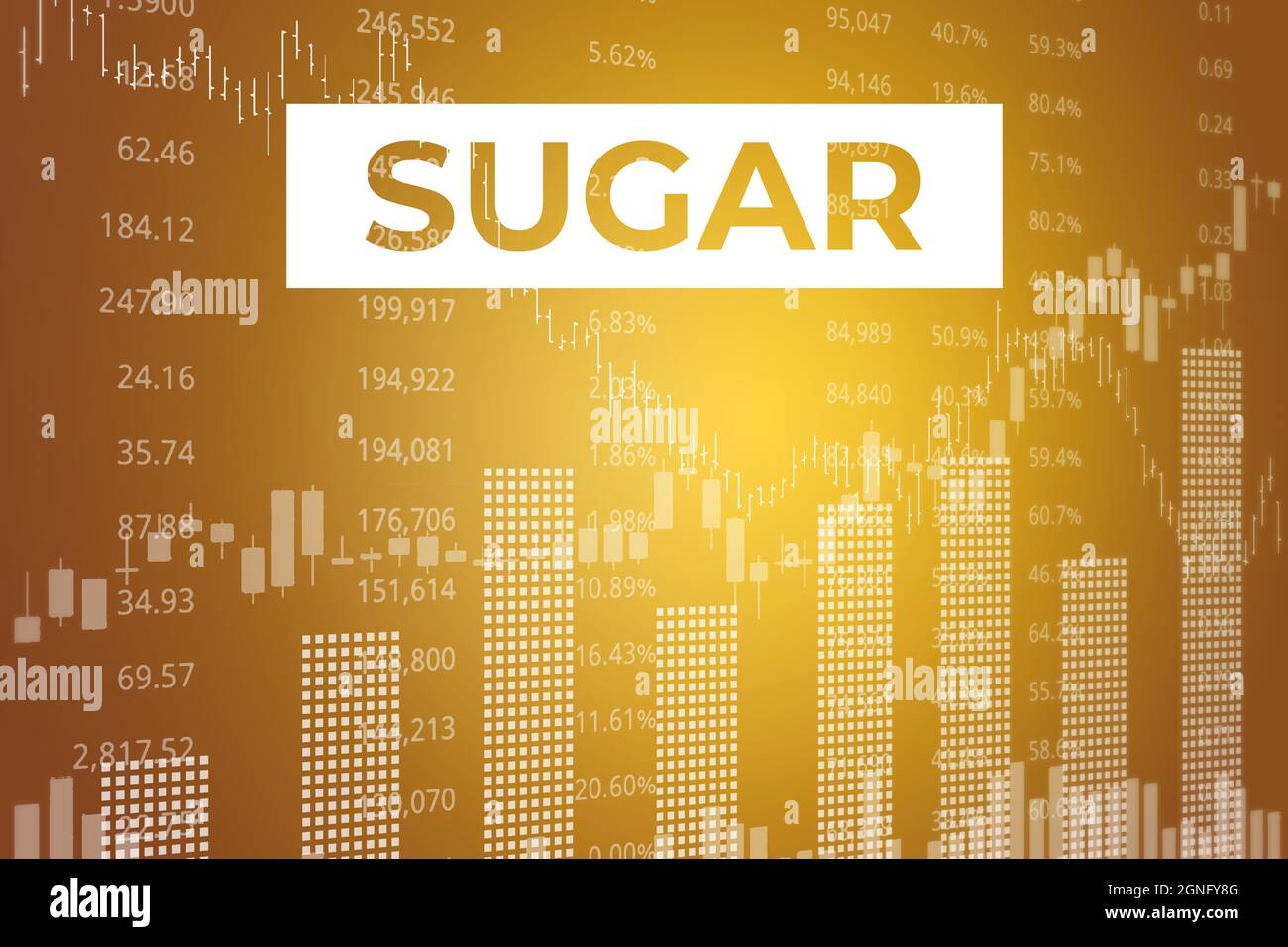 Price change on trading Sugar futures on yellow finance background from graphs, charts, columns, pillars, candles, bars, number. 3D render. Financial Stock Photo