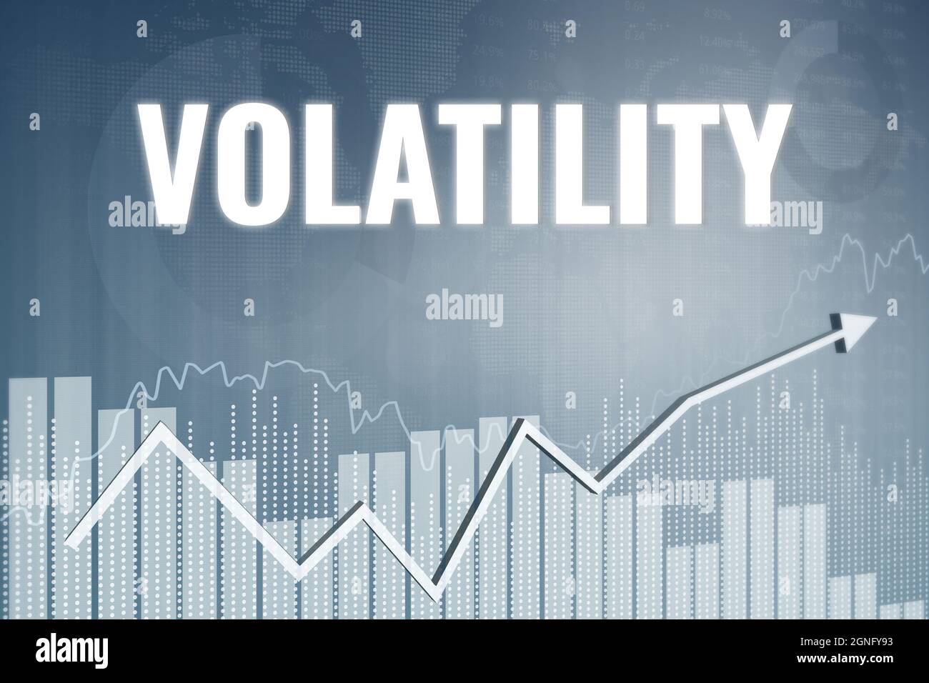 Financial term Volatility payrolls on gray finance background from graphs, charts, columns, bars, numbers. Trend Up and Down. 3D render. Financial mar Stock Photo