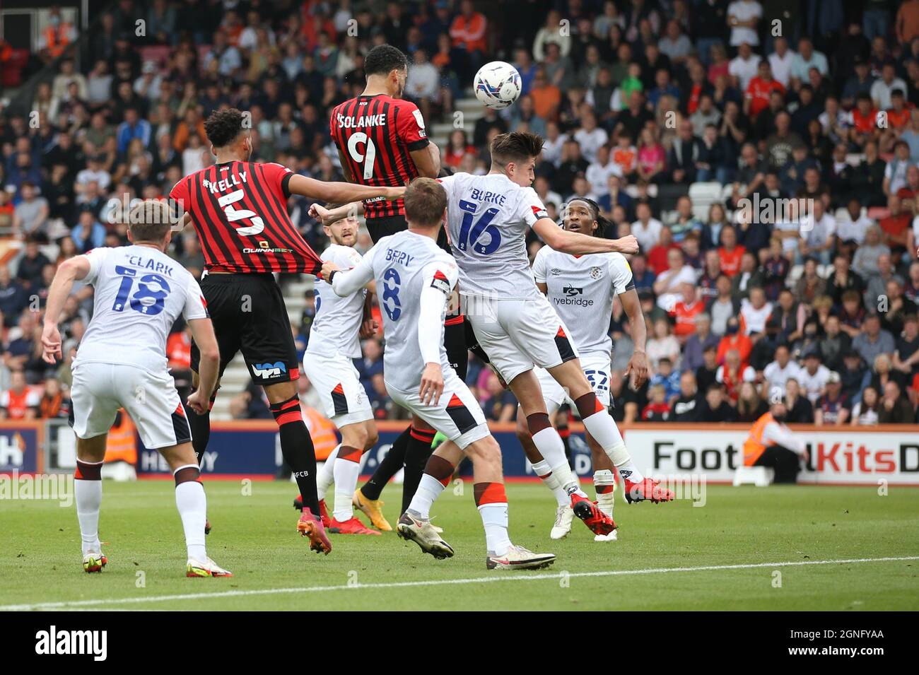 Bournemouth's Dominic Solanke rises highes to scores his sides second goal during the Sky Bet Championship match at Vitality Stadium, Bournemouth. Picture date: Saturday September 25, 2021. Stock Photo