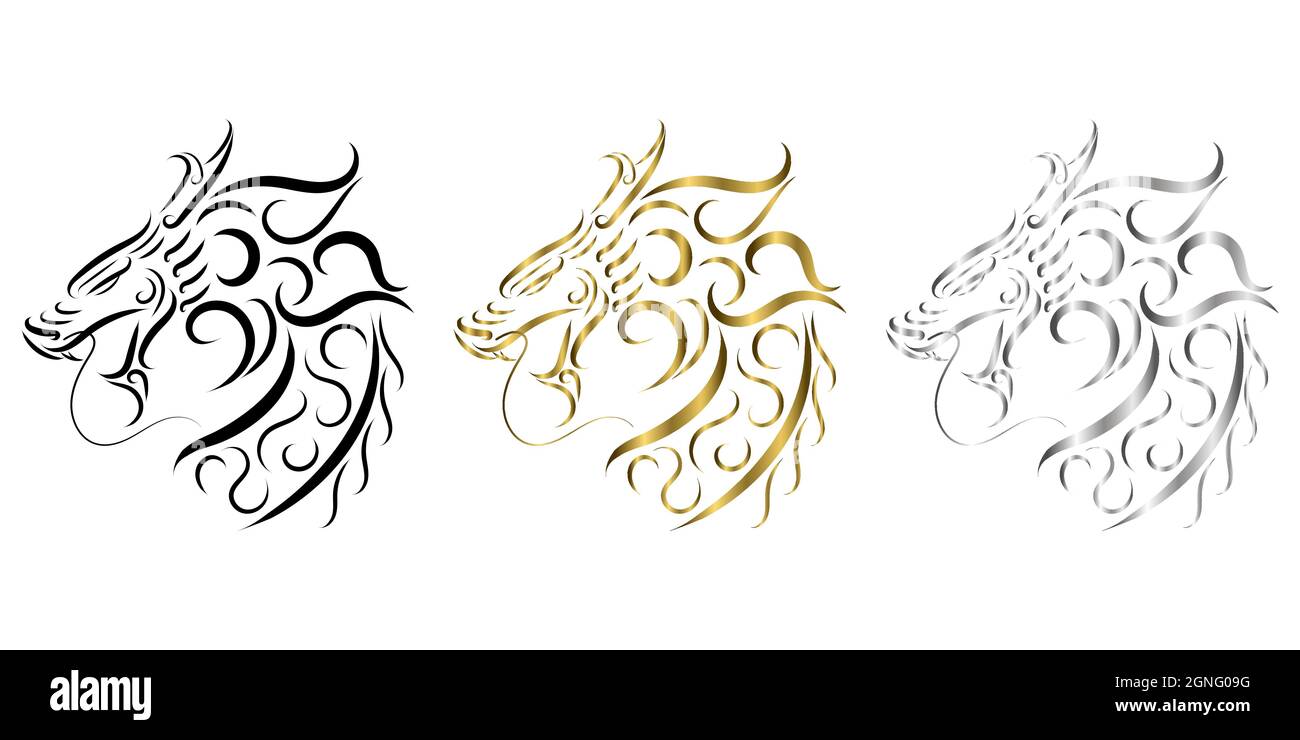 three color black gold and silver  line art of dragon head. Good use for symbol, mascot, icon, avatar, tattoo, T Shirt design, logo or any design Stock Vector
