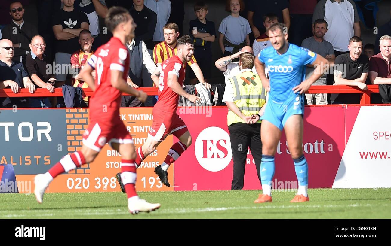 Crawley Sussex UK 25th September 2021 -  Will Ferry of Crawley starts to celebrate after scoring the first goal during the Sky Bet League Two match between Crawley Town and Bradford City at the People's Pension Stadium  : Credit Simon Dack /TPI/ Alamy Live News Stock Photo