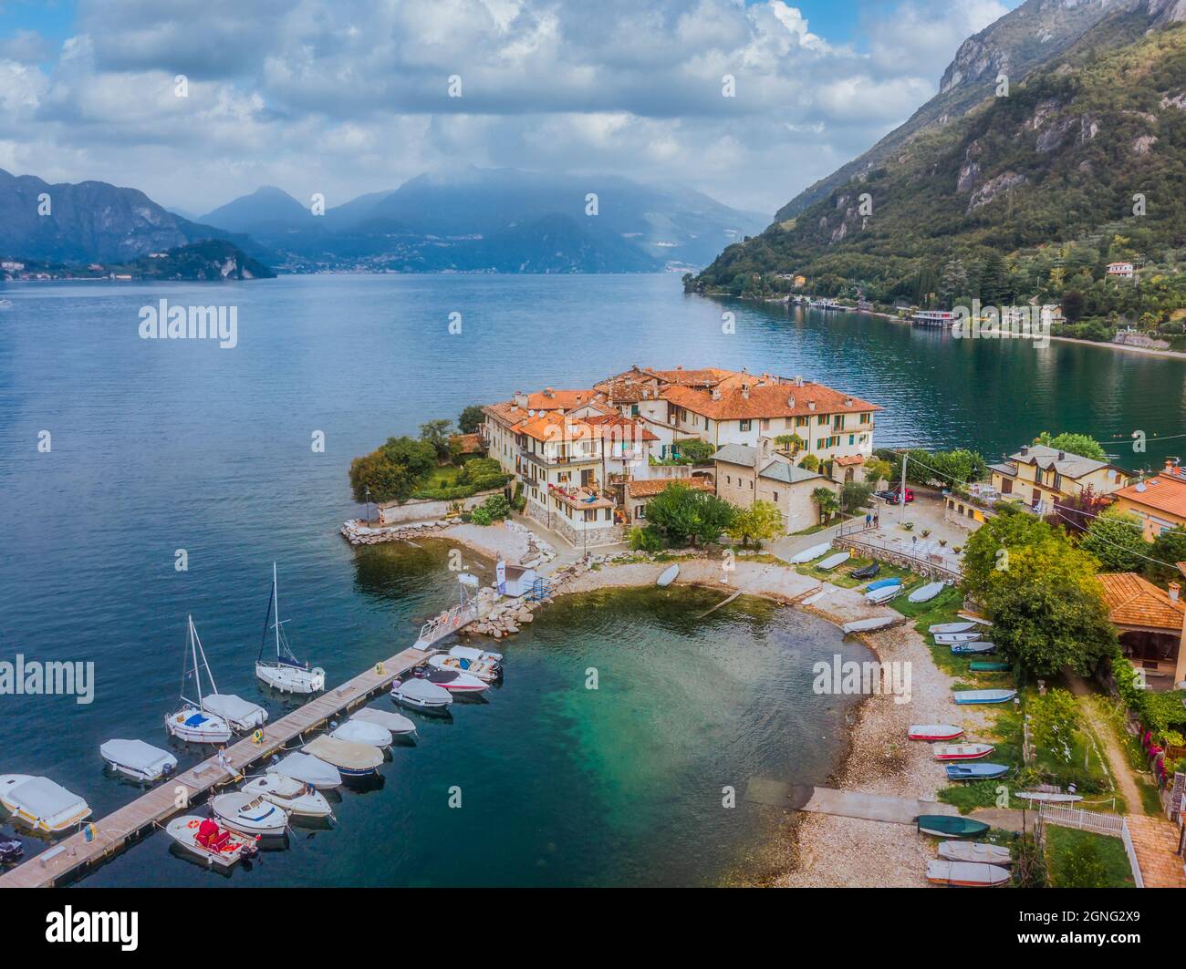 Aerial view of the Castle in the ancient village, Lierna, Lake Como  Stock Photo